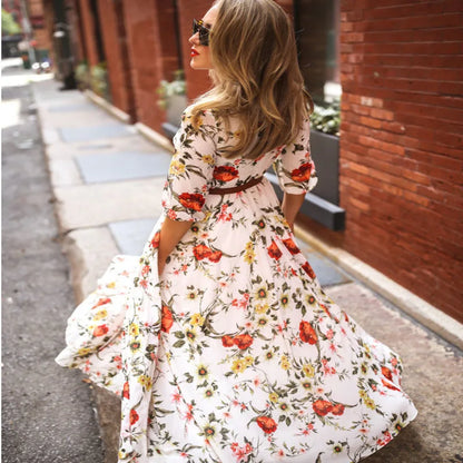 Vacation Dress for Women 2024 New Dress Printed Large Swing Temperament Chiffon Floral Slim Long Dresses Banquet Formal Occasion