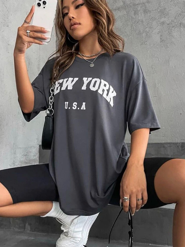 Blessyuki New York Letter Print T-shirts Female Summer Basic O-neck Tees Casual Retro Streetwear Ladies Harajuku Plus Size Tops