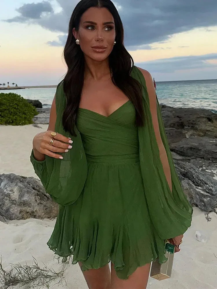 Women Sexy Green Pleated Mini Dress Summer Fashion V-neck Split Long Sleeve A-line Dresses 2024 Casual Lady Beach Vestidos