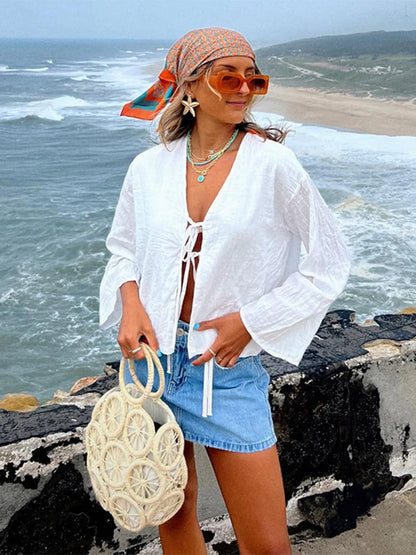 Sexy Hollow Out  Lace Up Shirts Women 2024 Vacation Beach V-neck Long Sleeve Female T-shirts Cotton Line Solid Elegant Lady Tops