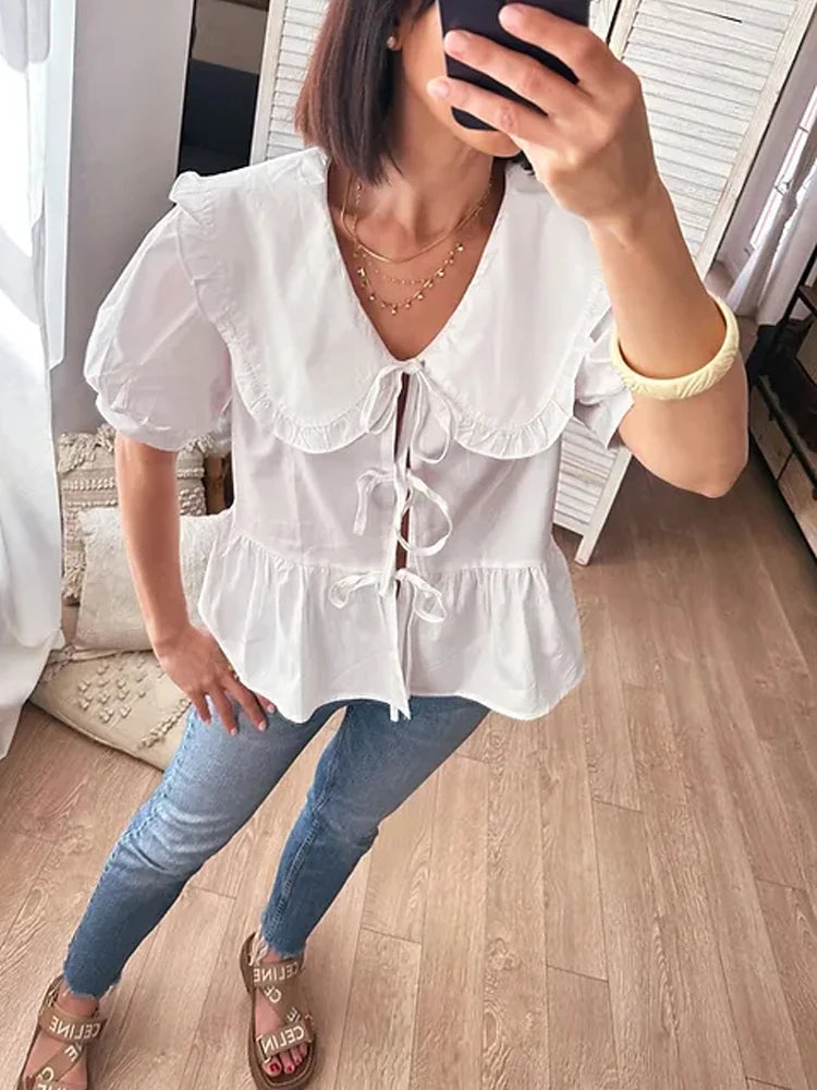 White  Lace Up Short Puff Shirts Women's Summer Sleeve Sweet Peter Pan Collar Blouse Female Elegant Street Lady Pleated Chic Top