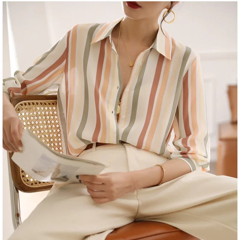 Stripe Women Shirt Satin Vintage Shirt for Women  Autumn Clothes Korean Fashion Shirts and Blouses Basic Elegant Womens Tops