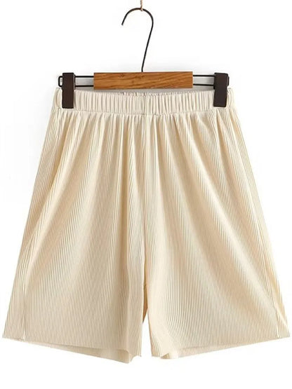 Plus Size Women's Clothing Shorts Elasticated Waist Wide Legged Trousers With Thin Vertical Stripes And Pleated Texture Shorts