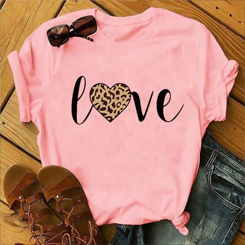 Leopard Love Print Women T Shirt Short Sleeve O Neck Loose Women Tshirt Ladies Fashion Tee Shirt Tops Clothes Camisetas Mujer