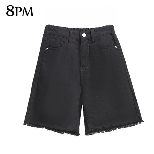 Plus Size Women's Bermuda Shorts Comfort Waist Frayed Raw Hemline Ripped Denim Shorts Black Color Shorts With Pockets ouc1531