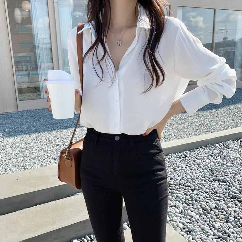 Women Shirt Classic Chiffon Blouse S-4XL Plus Size Loose Long Sleeve Shirt Lady Simple Style Tops Female Clothes New Blusas 6830