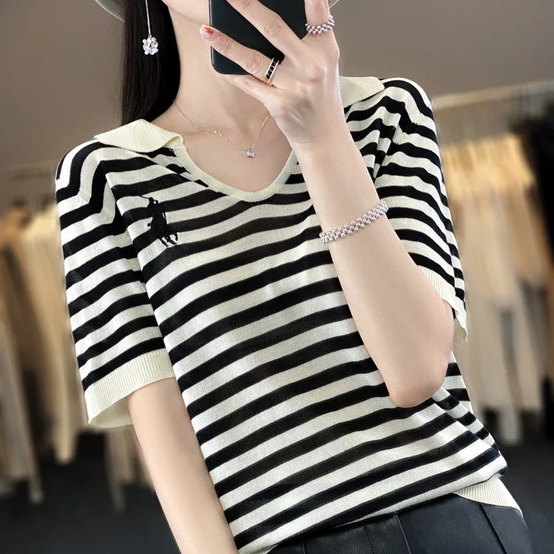 New Embroidery Loose Short Sleeve Striped T-shirt Summer Women's Fashion Short Sleeve Top