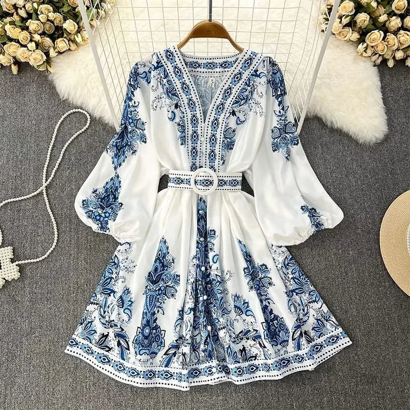 Women Bohemian Dress  Spring Summer Print Long Lantern Sleeve V Neck Corset Slim Button Pleated Dress Women Vacation Dress