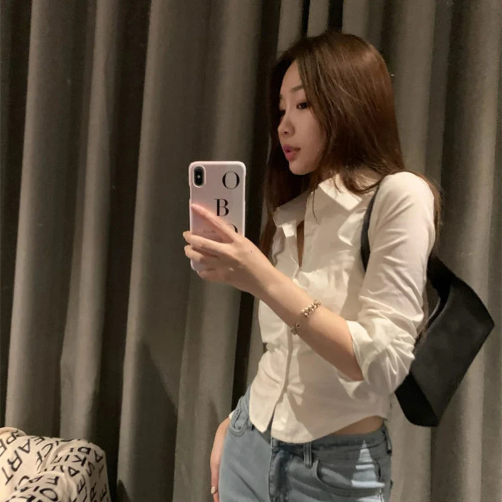 Shirts Women Folds Slim Fit Crop Tops Daily Design White Pure Korean Style Fashion Casual Office Lady All-match Tender Spring