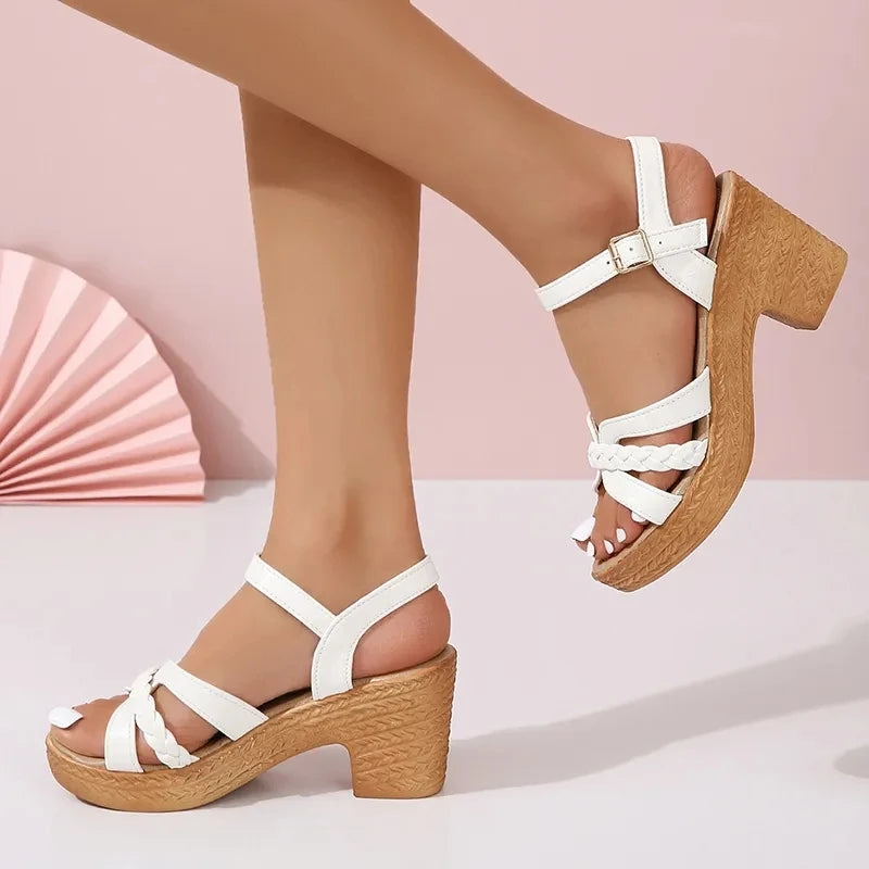 Ankle Strap High Heels Sandals Women Summer 2023 Weave Cross Band Gladiator Sandals Woman Chunky Heeled Platform Sandalias Mujer