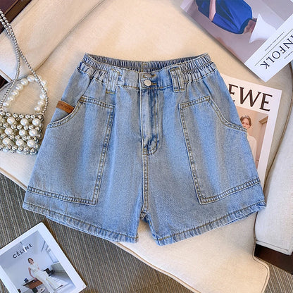 Plus-size women's summer casual denim shorts Blue washed denim fabric elastic waist large pocket design classic commuter jeans