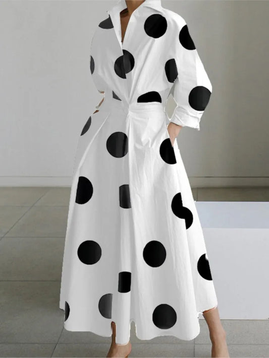 Autumn Dress Long Sleeve Dot Print Elegant Maxi Dresses For Women  White Casual V Neck Shirt Party Long Dress Robe Femme