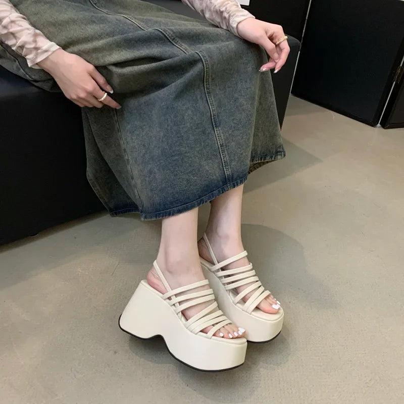 Silver Wedge Sandals Women Platform Shoes Black Belt High Heels Gladiator Chunky Heeled  Summer Wedges Zapatos De Mujer