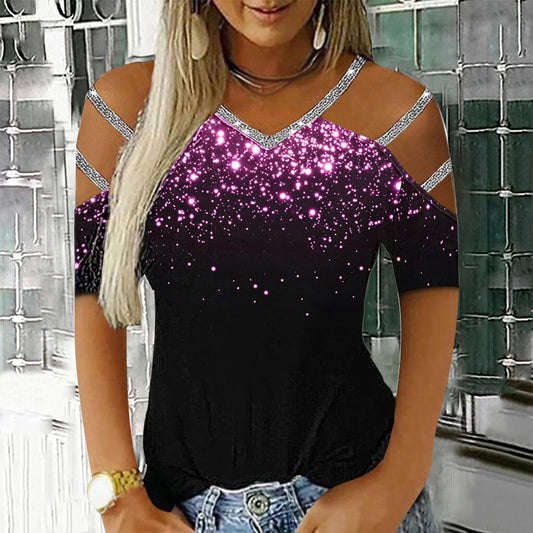 Sexy Women Sequin Cold Shoulder T-Shirt Tee Ladies Short Sleeve Blouse Tops Fashion Clothing For Plus Size Oversized Female 2023