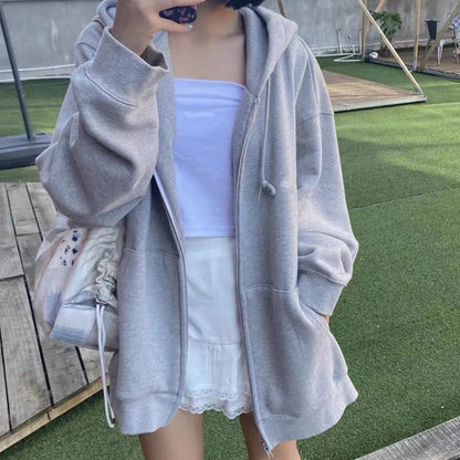 WEIRDO Women Zip Up Sweatshirt Casual Oversized Hooded Korean Style Hoodies Harajuku Solid Long Sleeve Lady Jacket Large Coats