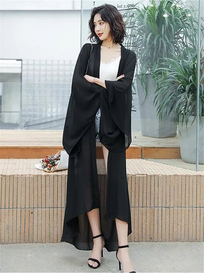 White Black Red Kimono Ladies Sun-protective Women Blouse Summer Batwing Sleeve Long Chiffon Blouse Shirt Loose Kimono Cardigan