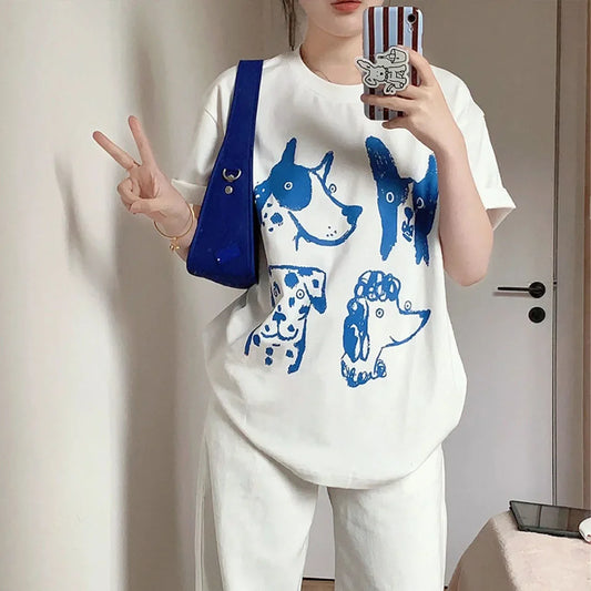 Cartoon Dogs Printing Kpop White T Shirts Funny Women Short Sleeve Loose Cotton Casual Tops Crewneck Dog Lover's Tees Streetwear