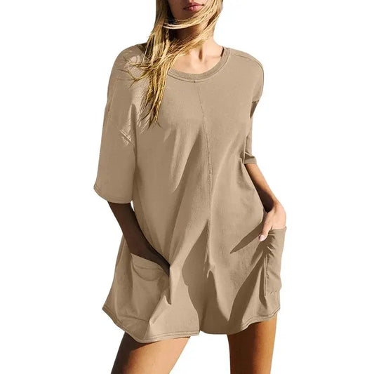 Sexy Back V Backless Solid Color Jumpsuit Women Double Pocket Splicing Shorts Female Summer Comfortable Casual Loose Rompers New