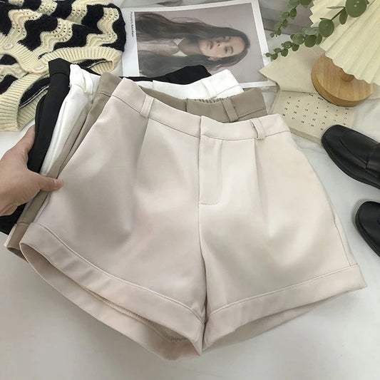 Elegant Suit Shorts Women Solid High Waist Wide Leg Shorts Office Lady Korean Fashion Black White Simple All Match Short Pants