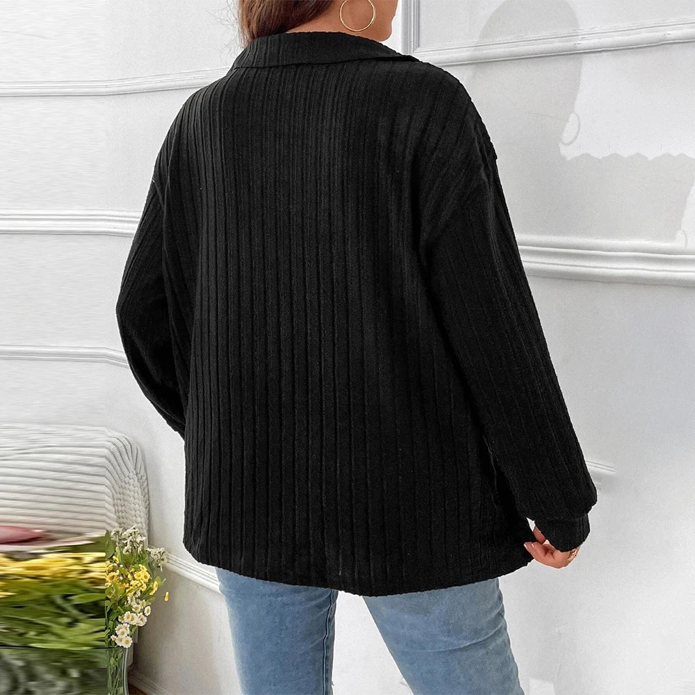 Women's Autumn Winter Solid V-Neck Ribbed Blouse Tunic Tops Ladies Casual Loose Pullover Clothing Plus Size