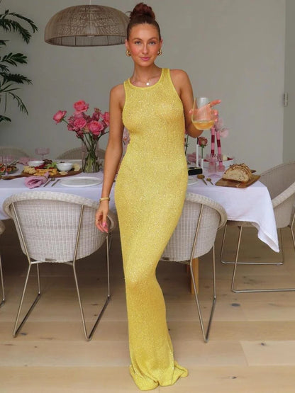 Hugcitar Shine Crochet Sequined Solid Sexy See Through Slim Maxi Dress 2023 Summer Women Fashion Y2K Beach Vacation Clothes