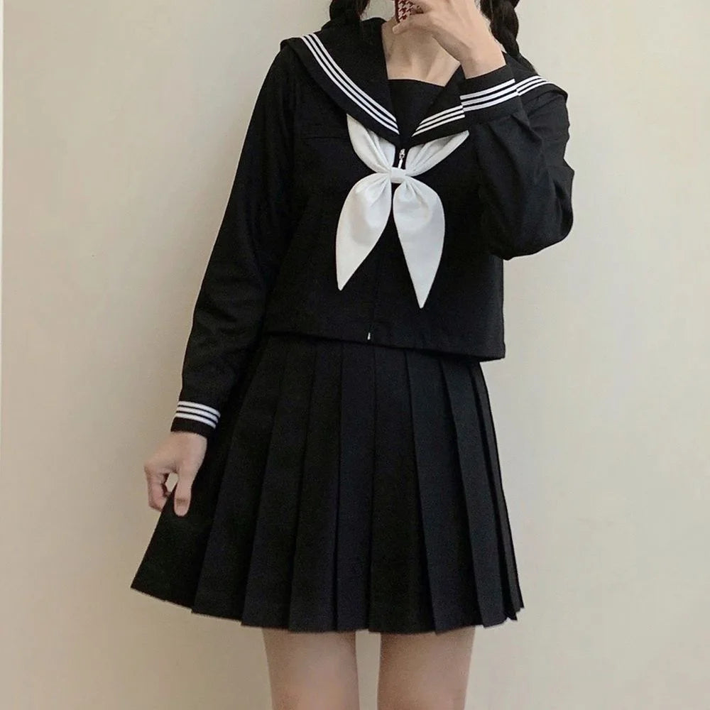 Japanese School Uniforms Style Student Girls Navy Costume Women Sexy Black JK Long Dress Suit Sailor Blouse Pleated Skirt Set