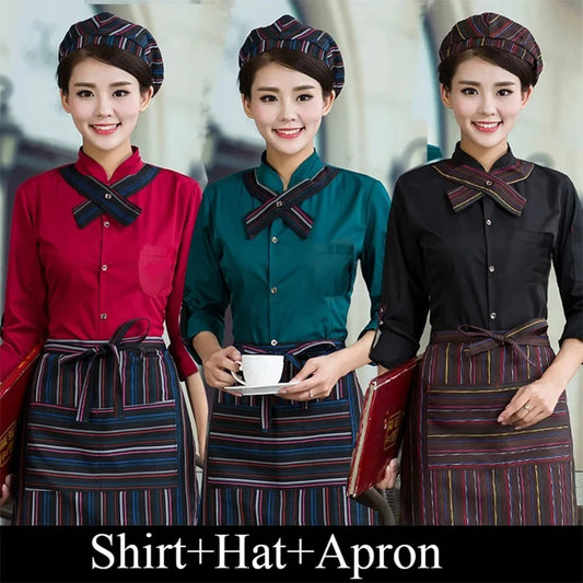 Tops+Apron+Hat Summer Women Short Sleeve Waiter Uniform Coffee Cafe Waitress Uniform Men Hotel Restaurant Shirt Overalls 89