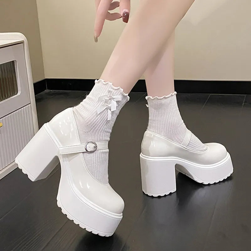 Chunky Platform High Heels Pumps Women 2023 Autumn Pu Leather Ankle Buckle Mary Jane Shoes Woman Thick Heeled White Lolita Shoes