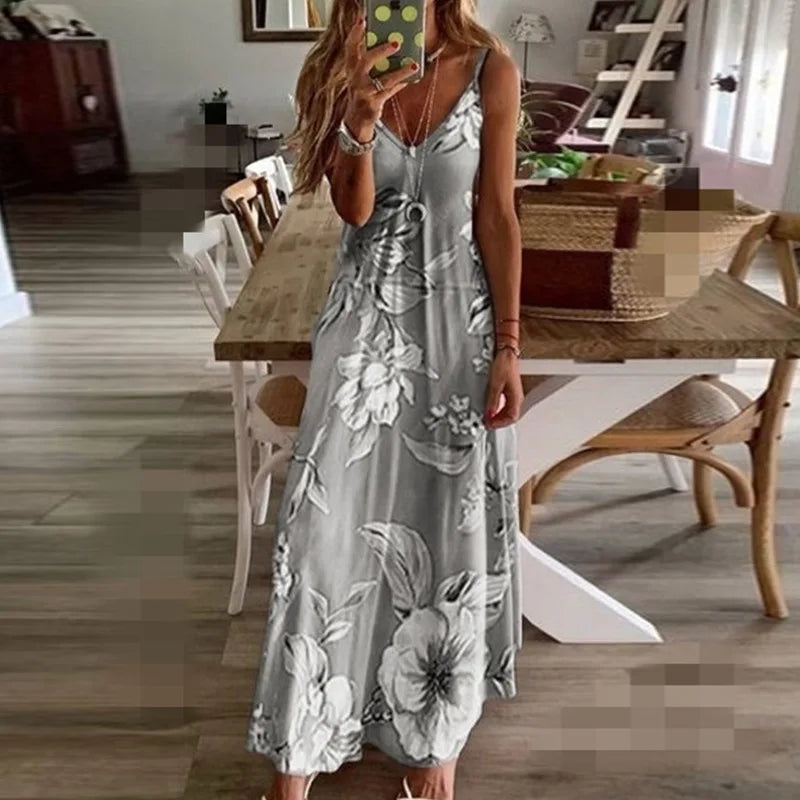 Plus Size Spring Summer Dress Women Floral Print V-Neck Long Dresses Casual Bohemian Sleeveless Women Beach Party Dress Elegant