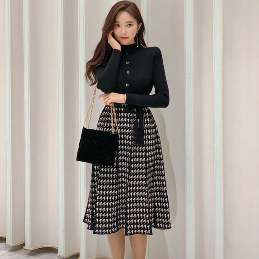 Korean Elegant Knitted Plaid Patchwork Midi Dress for Women Long Sleeve O-neck Bird Lattice Bow Pleated Dress Autumn Winter