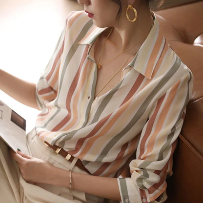 Stripe Women Shirt Satin Vintage Shirt for Women  Autumn Clothes Korean Fashion Shirts and Blouses Basic Elegant Womens Tops