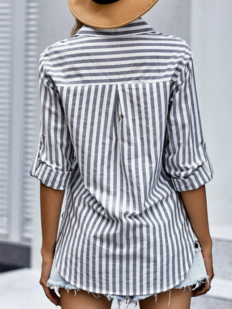 Women's Spring/Summer 2024 New Striped Single Breasted Long Sleeve Shirt Women Elegant and Youth Woman Stylish Blouse