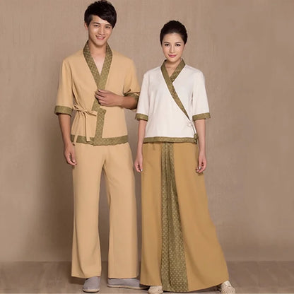 Women's Spa Therapist Massage Uniform Thai Style Cotton Linen Restaurant Work Clothes Set for Waiters Waitresses Thailand