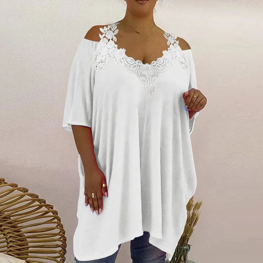 Plus Size Womens Lace V-Neck Tunic Tops Summer Cold Shoulder Casual Loose Shirt Oversized Ladies Fashion Clothes Clothing 2023