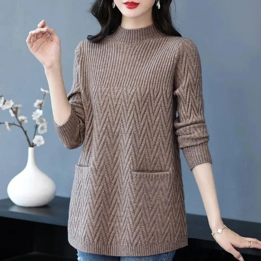 Women's Sweaters Pullover 2023 New Solid Half High Collar Thick Warm Long Knitted Sweaters Winter Female Tops Bottoming Shirt