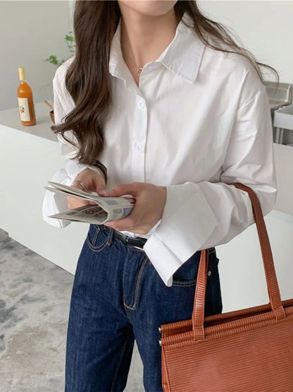 Women Blouses Elegant Streetwear Office Casual Cotton 100% Loose Button Up White Blue Long Sleeve Vintage Oversize Shirt Tops