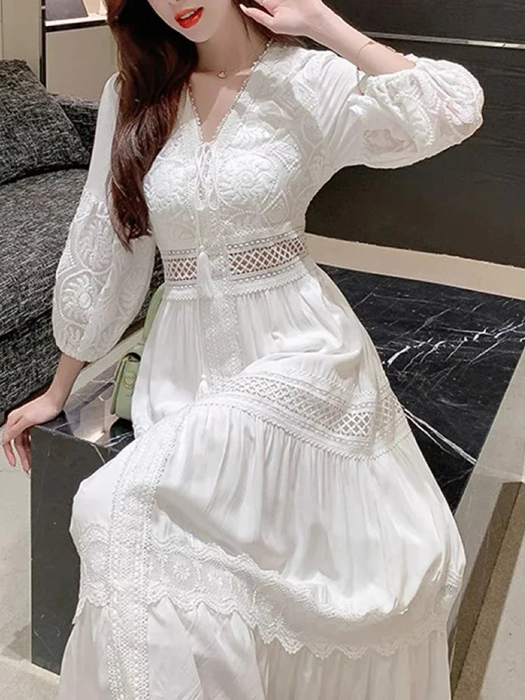 Boho White Dress Women Summer Vintage Long Dresses Female Elegant Hollow Out Dress Ladies Casual Loose Beach Holiday Vestidos