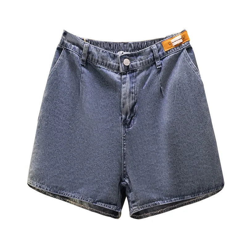 150Kg Plus Size Women's Elastic Waist Denim Shorts Summer Hip 152 Loose Wide-Leg Slit Hot Pants Blue 5XL 6XL 7XL 8XL 9XL