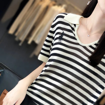 New Embroidery Loose Short Sleeve Striped T-shirt Summer Women's Fashion Short Sleeve Top