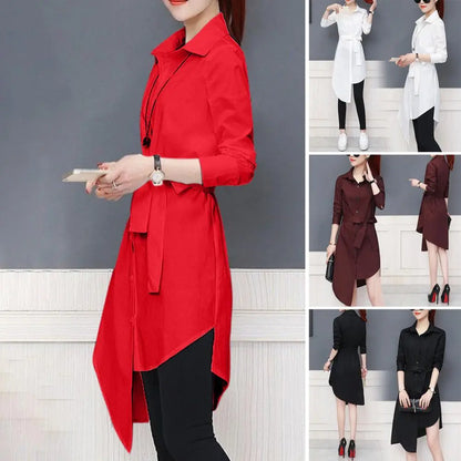 Women Shirt Long Sleeve  Irregular Tied Belts Lady Shirt Loose Commute Mild-length Dressing Up Polyester Lady Blouse For Female