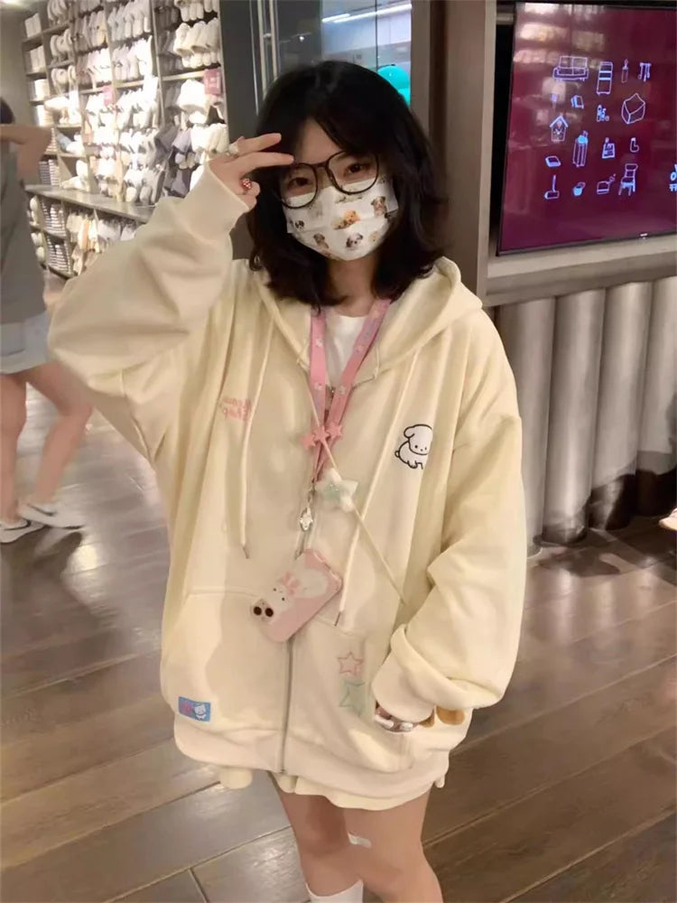 QWEEK Harajuku Kawaii Pink Zip Up Hoodie Women Japanese Y2K Sweet Cute Beige Fleece Sweatshirts Korean Style Girly Hooded Jacket