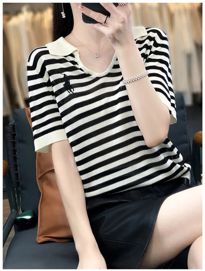 New Embroidery Loose Short Sleeve Striped T-shirt Summer Women's Fashion Short Sleeve Top