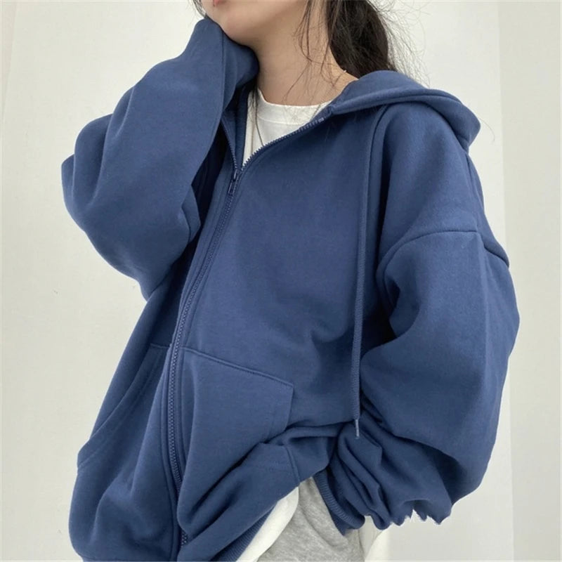 WEIRDO Women Zip Up Sweatshirt Casual Oversized Hooded Korean Style Hoodies Harajuku Solid Long Sleeve Lady Jacket Large Coats