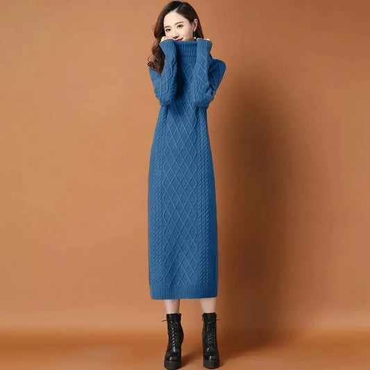 Turtleneck Thicken Warm Knitted Dress Loose Long Straight Dresses Bottoming Sweater Robe Fall Winter Knitwear Vestidos Mujer