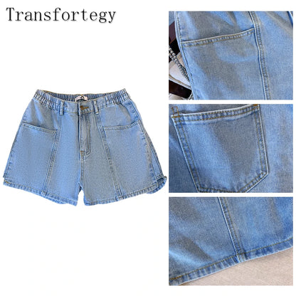 Plus-size women's summer casual denim shorts Classic all-in-one design Blue washed denim multi-pocket home commuter high-waisted