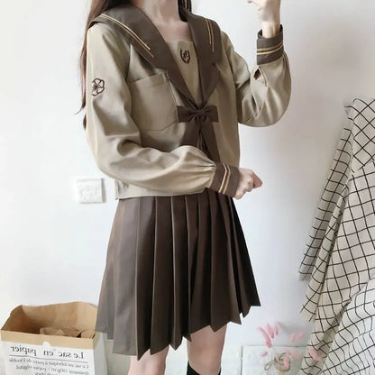 Japanese Fashion School Uniform Soft Girl JK Uniform Student Skirt Girl Milk Tea Brown Navy Wind Sailor Suit Pleated Skirt Set