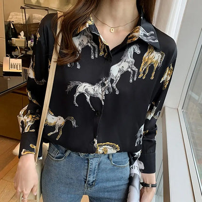 Women Spring Shirt Horse Print Lapel Single-breasted Long Sleeves Lady Shirt Loose OL Style Age Reducing Women Blouse For Work