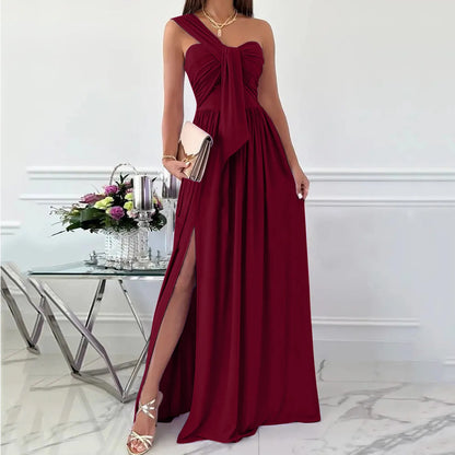 Dresses For Women 2024 One Shoulder Sleeveless Wrap Ruched High Split Long Dresses Lace Up Cocktail Wedding Maxi Party Dresses