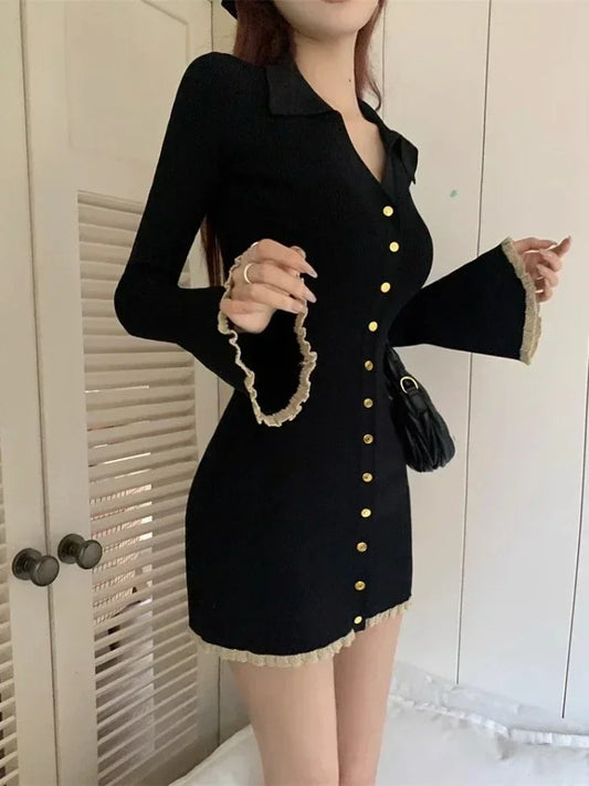 Deeptown Coquette Black Mini Cabaret Dress Women Korean Style Y2k Sweet Ruffles Long Flare Sleeve Tunic Knitted Dresses Autumn