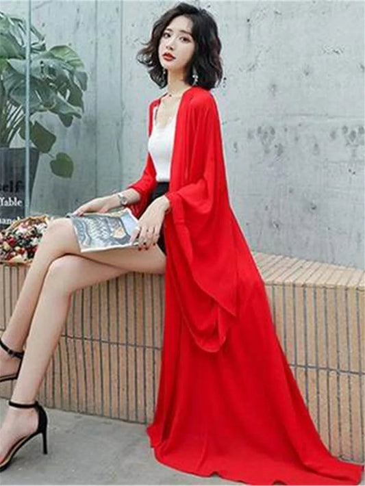 White Black Red Kimono Ladies Sun-protective Women Blouse Summer Batwing Sleeve Long Chiffon Blouse Shirt Loose Kimono Cardigan